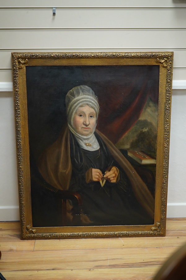 Early 19th century, English school, oil on canvas, Portrait of an elderly lady, 90 x 70cm, ornate gilt framed. Condition - fair